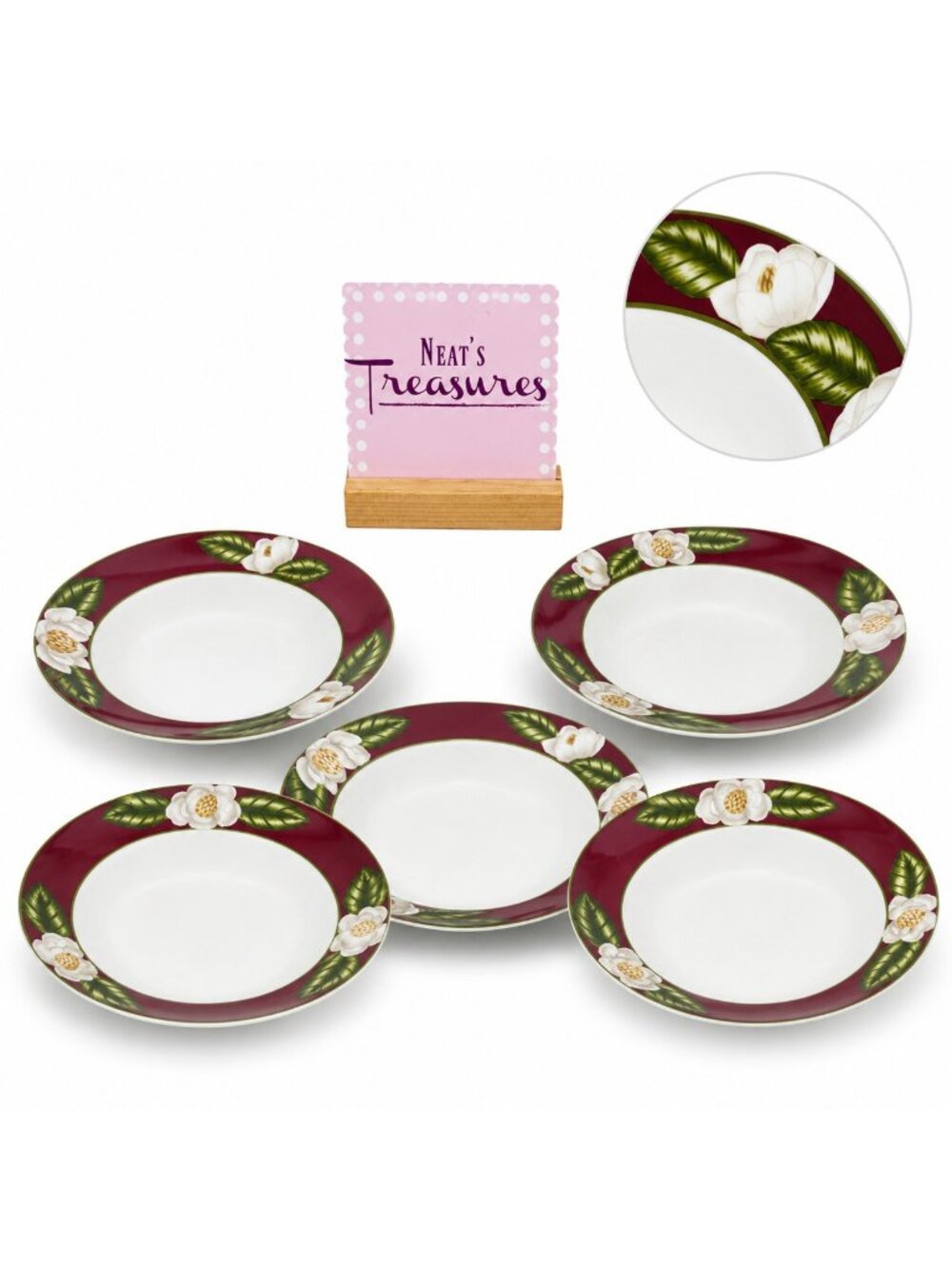 American Atelier MAGNOLIA BLOSSOM 5049 White Floral Porcelain Soup Bowls Set 5